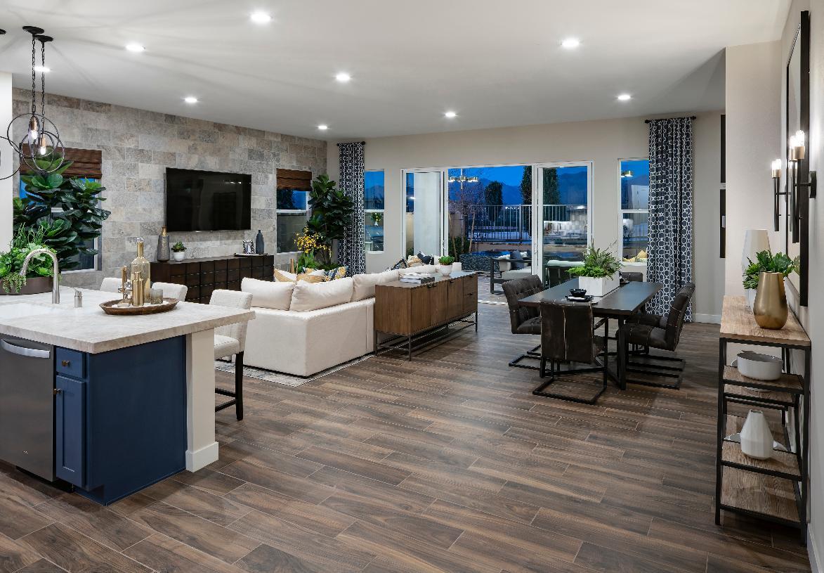 Open-concept great room with wood-look tile