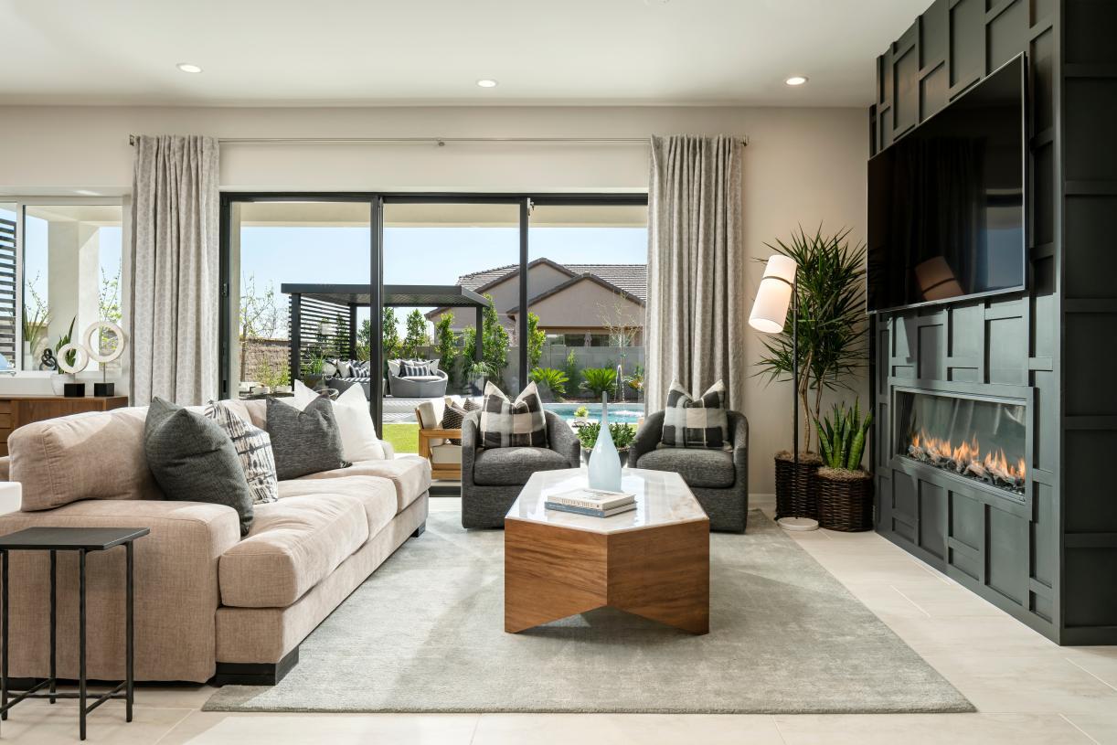 Great room with multi-slide door that opens to a large covered patio