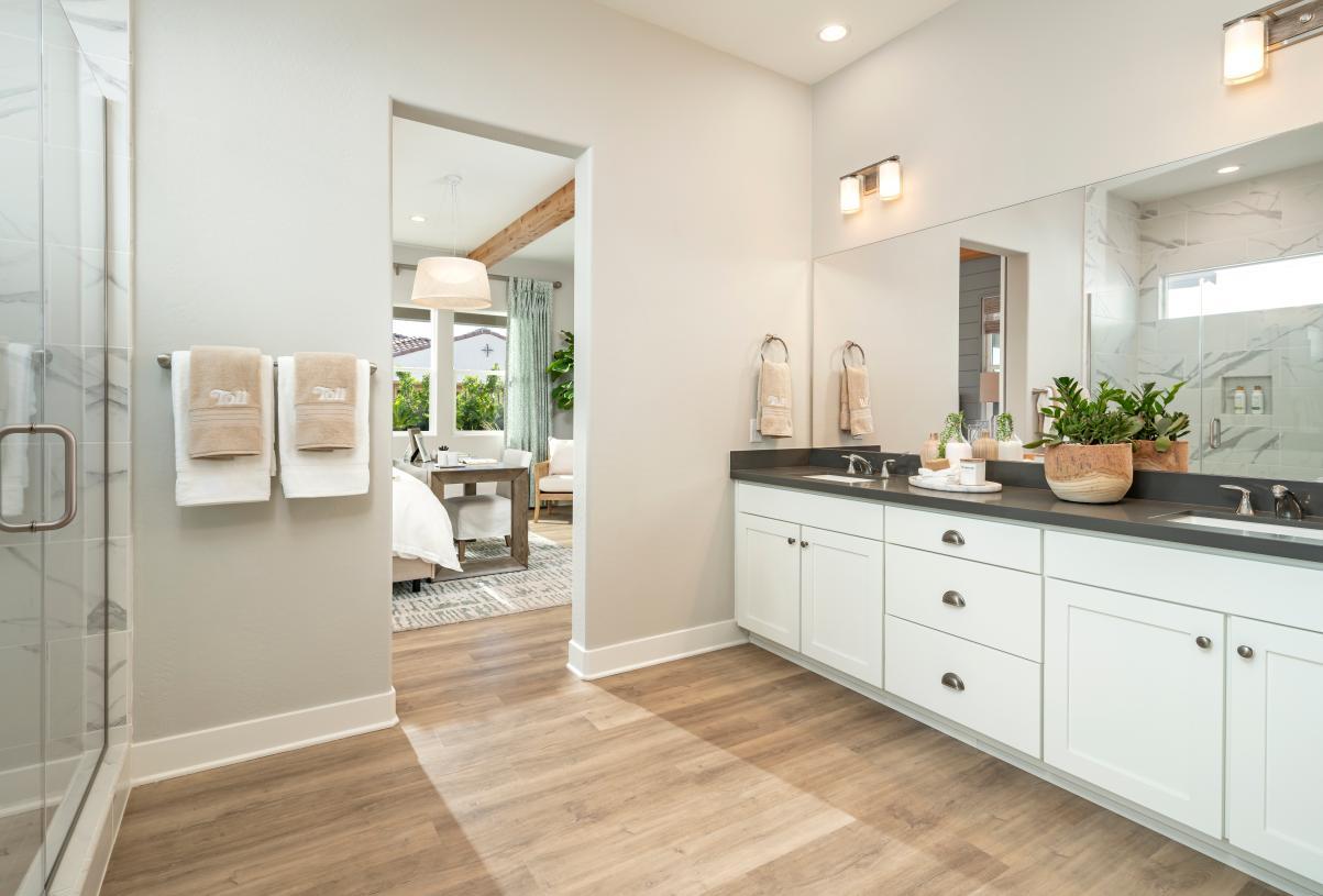 Primary bathroom features dual-sink vanity and large walk-in shower