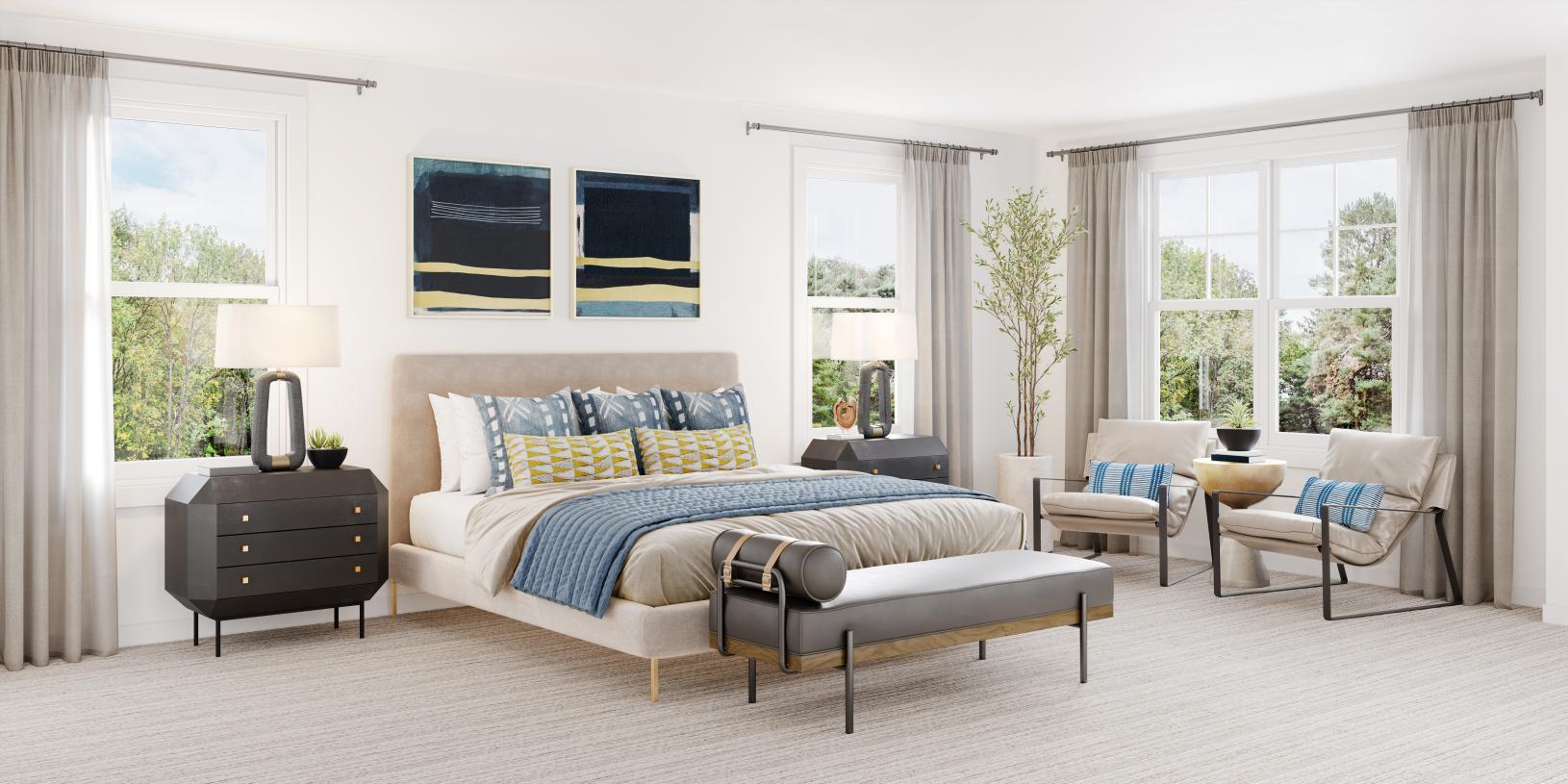 Luxurious primary bedroom suite with two large walk-in closets