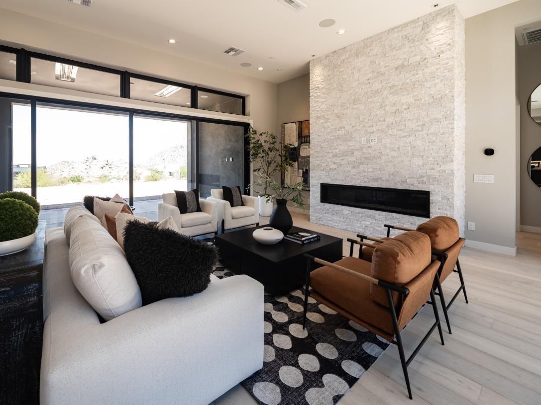 Stunning great room with stone fireplace