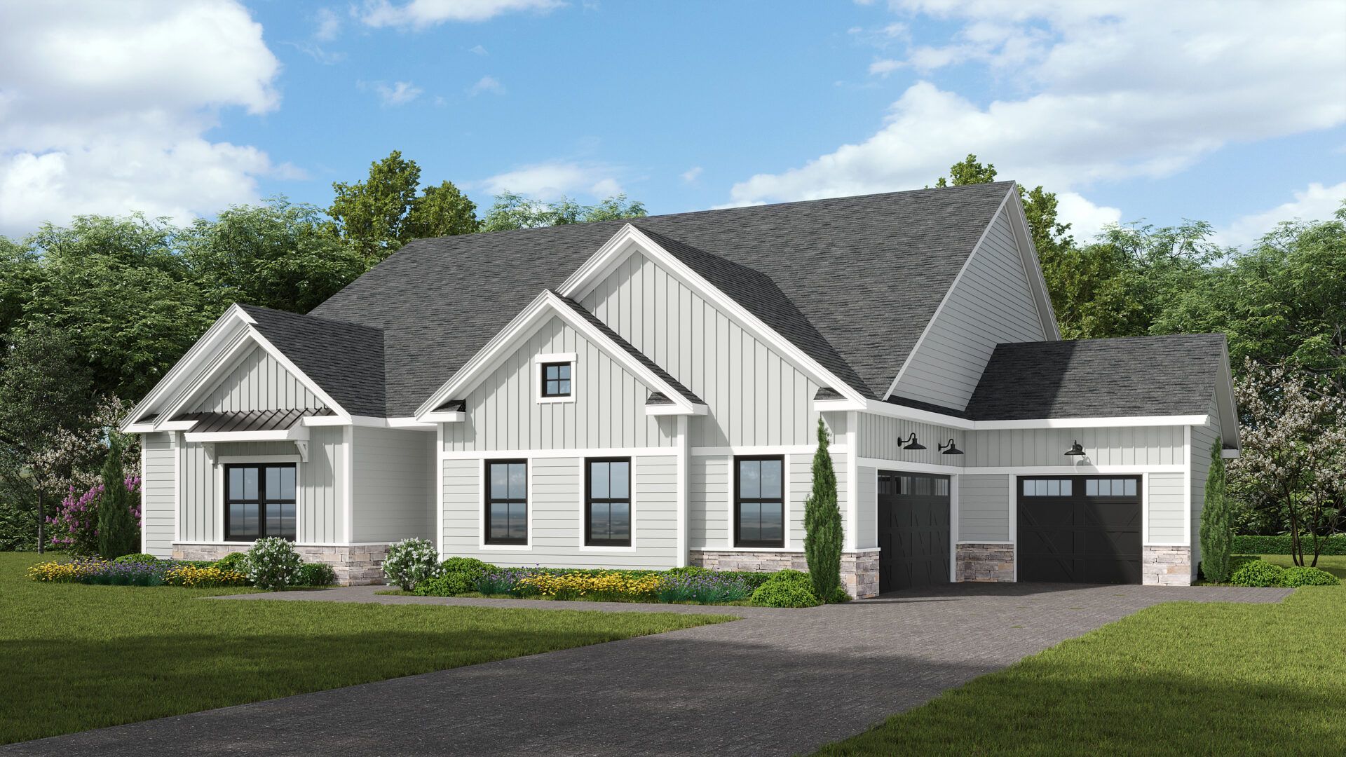 The Pinnacle Estates Franklin Model 2-story Modern Farmhouse elevation with 3-car L-shaped garage
