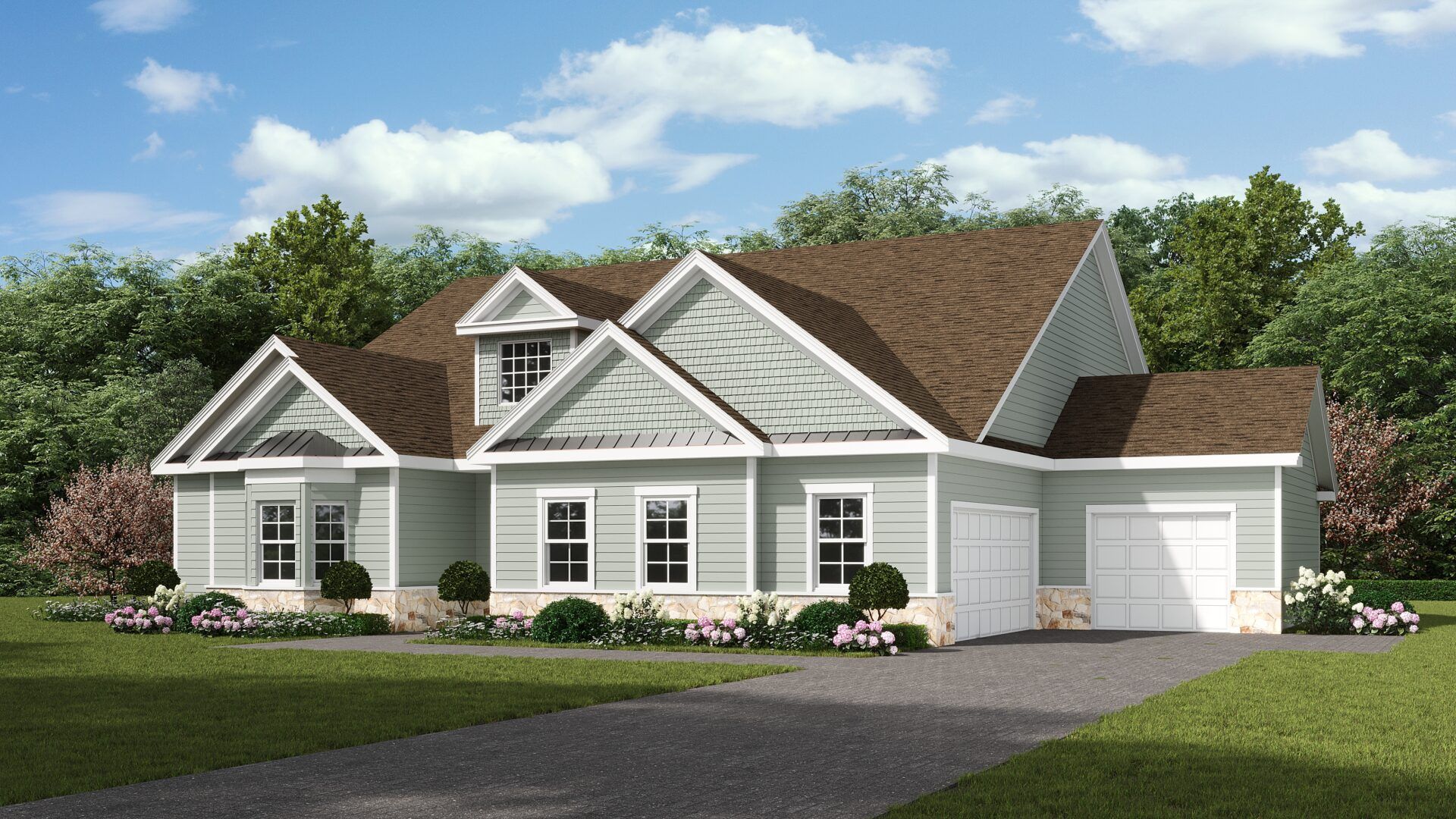 The Pinnacle Estates Franklin Model 2-story Classic elevation with 3-car L-shaped garage