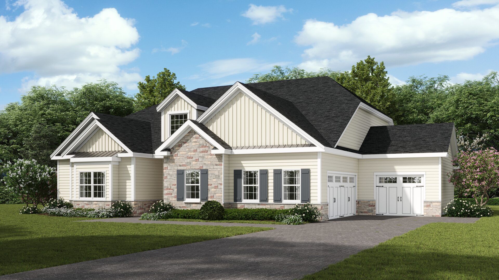 The Pinnacle Estates Franklin Model 2-story Craftsman elevation with 3-car L garage