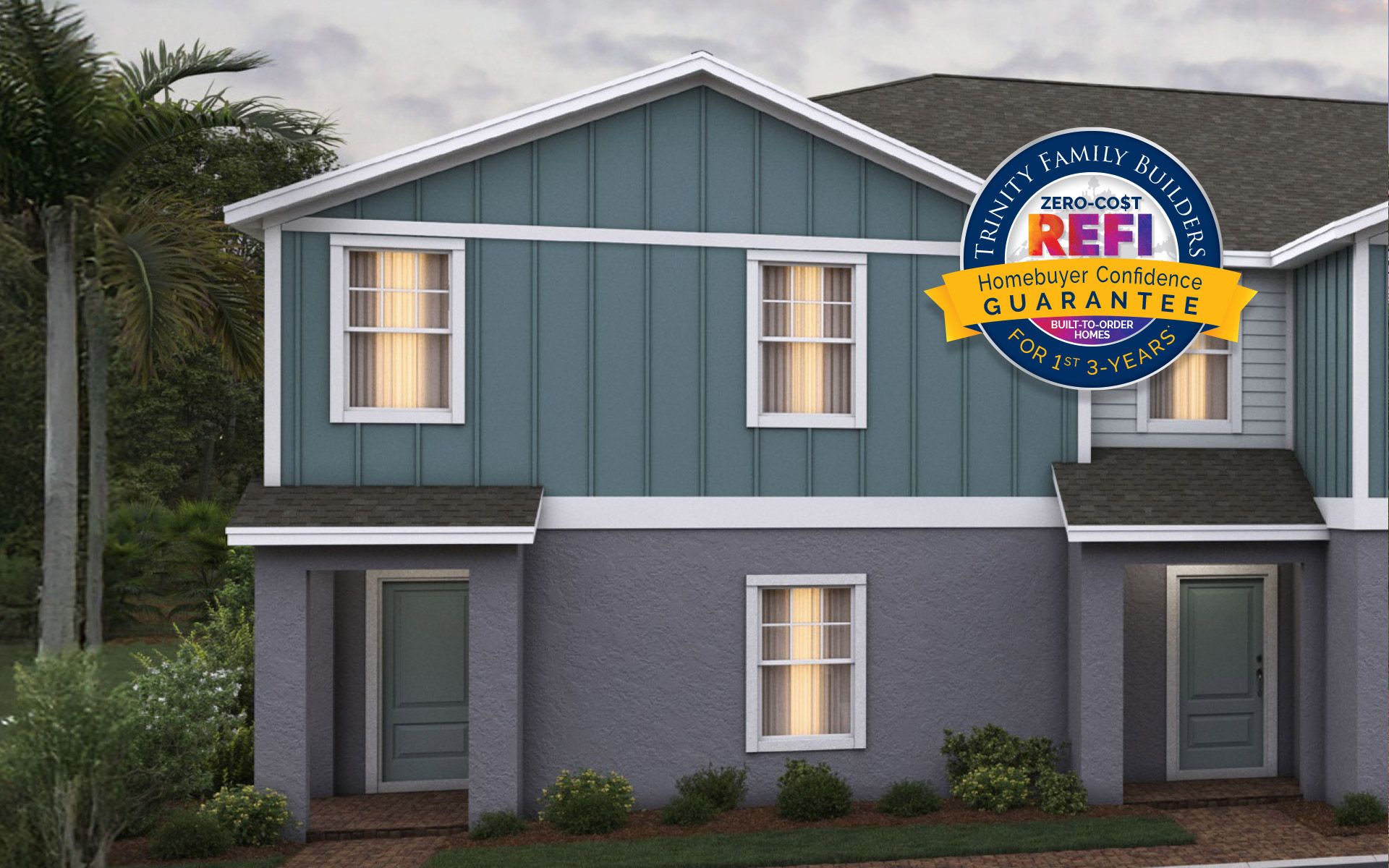 Ashley townhome exterior with covered porch in Pine Meadows, new construction in Eustis FL