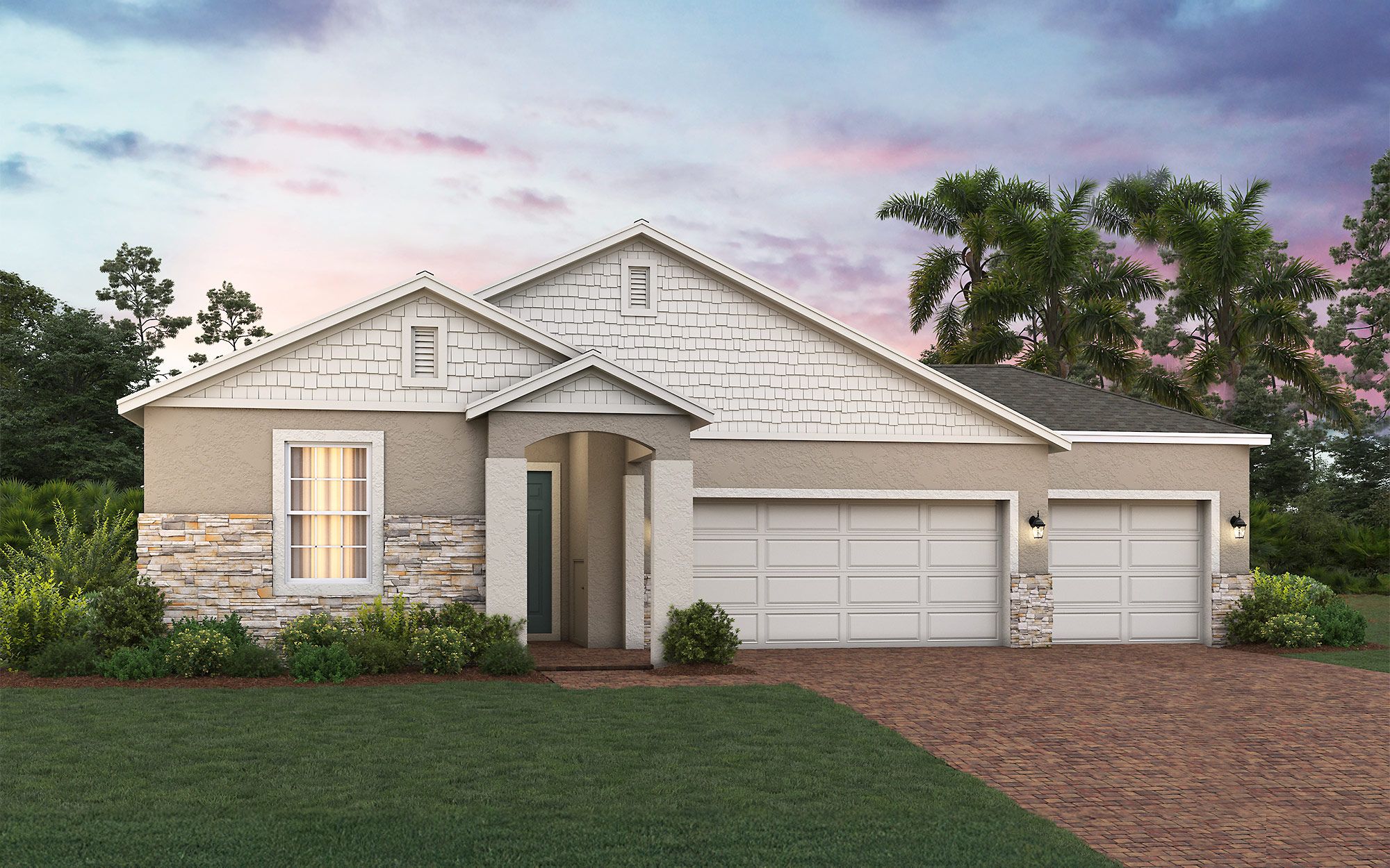 Hayden elevation 3, 3-car shown with optional stone