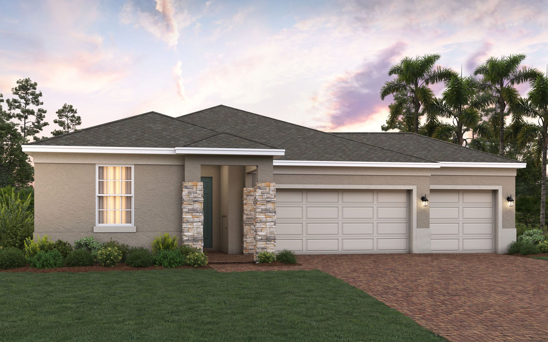 Hayden elevation 1, 3-car shown with optional stone