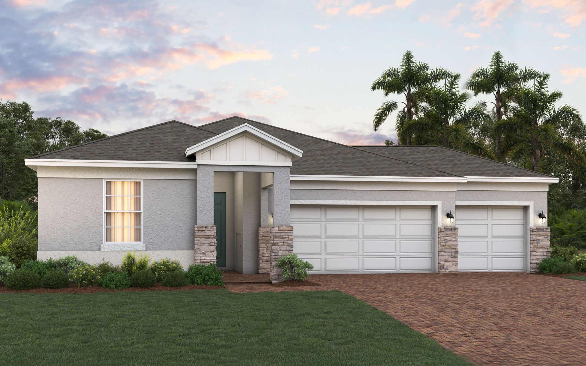 Hayden elevation 2, 3-car shown with optional stone