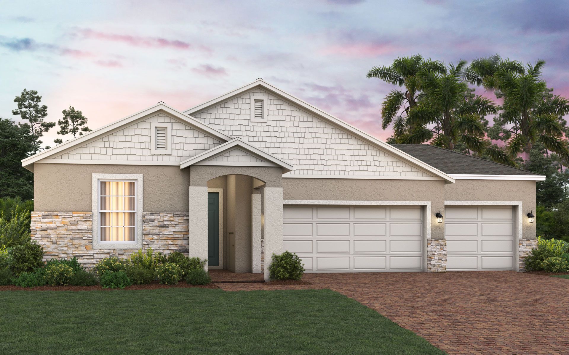 Hayden elevation 3, 3-car shown with optional stone