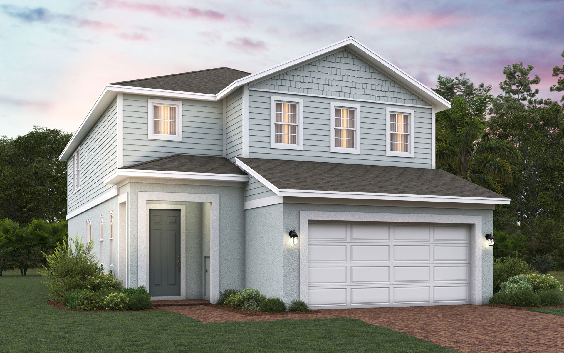 Modern DeLeon new construction home with stucco and stone exterior in Clermonts Ridgeview community