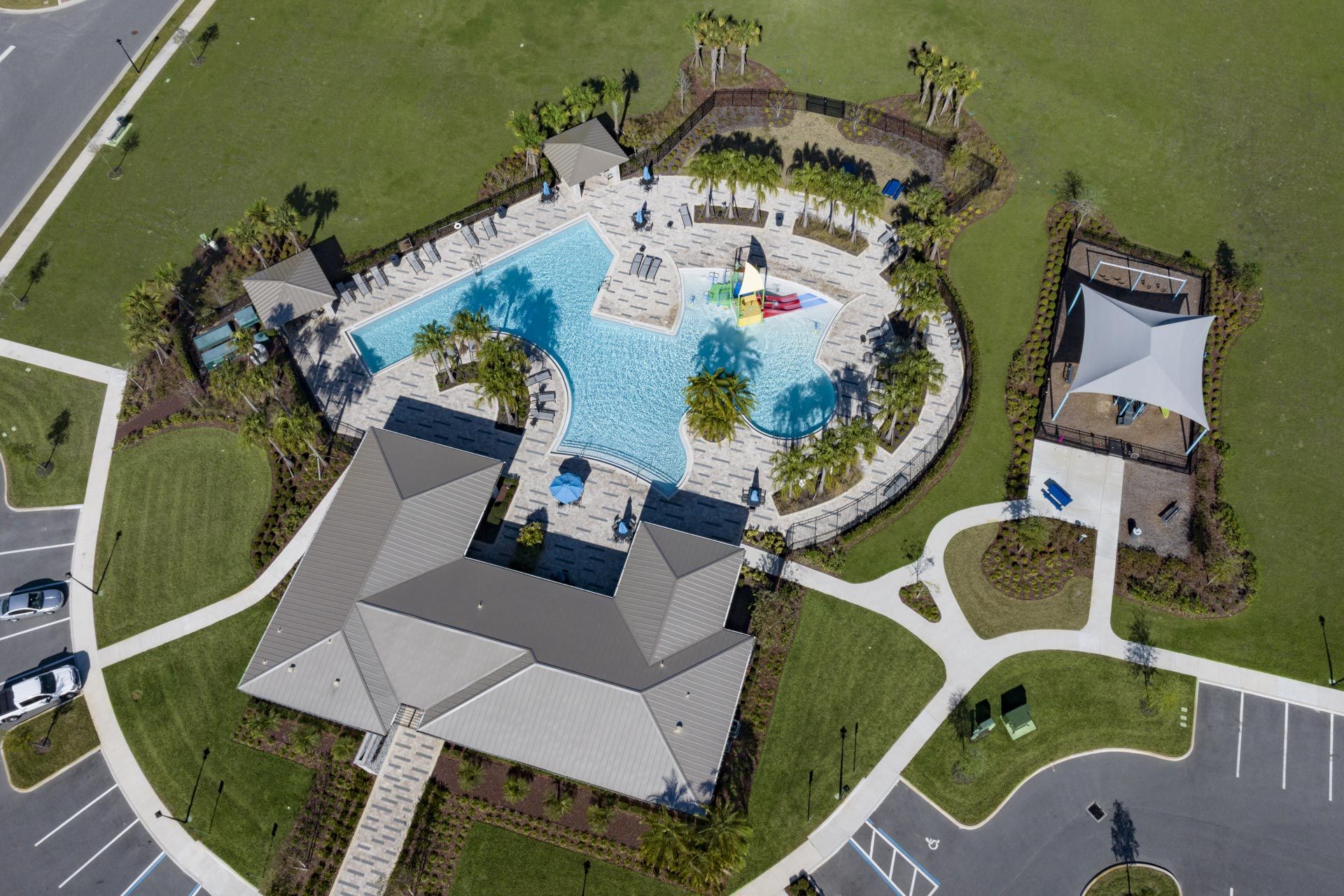 Aerial view of amenity center at Trinity Lakes