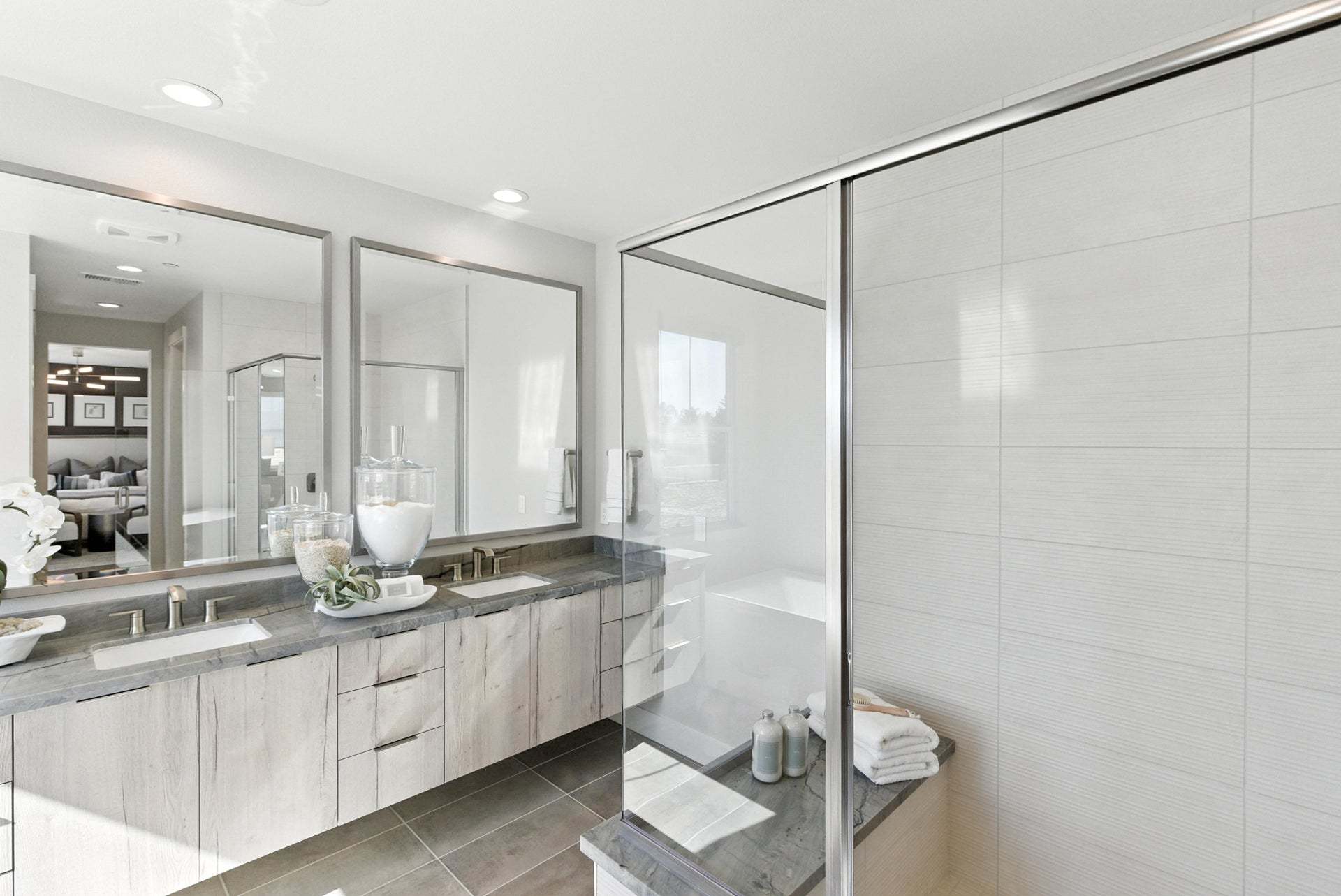 Apricot Estates by Trumark Homes in Brentwood, CA I Residence 2 Model I Primary Shower and Dual Vanities