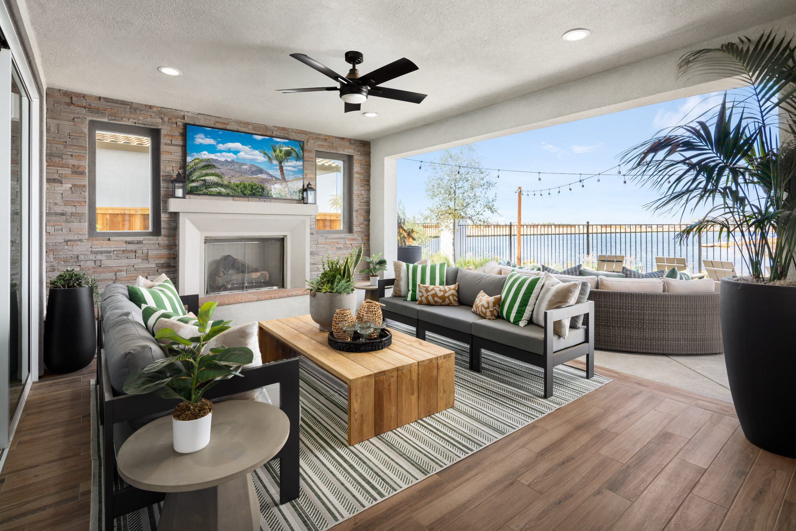 Signature California Room with Fireplace and Windows