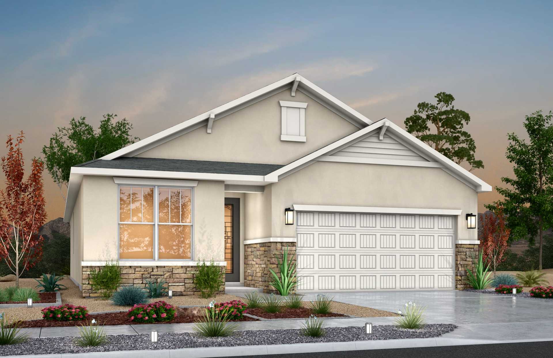 Prickly Pear floorplan with Transitional elevation offering 4 bedrooms, 2 bathrooms, and 1,482 square feet of single-story living.