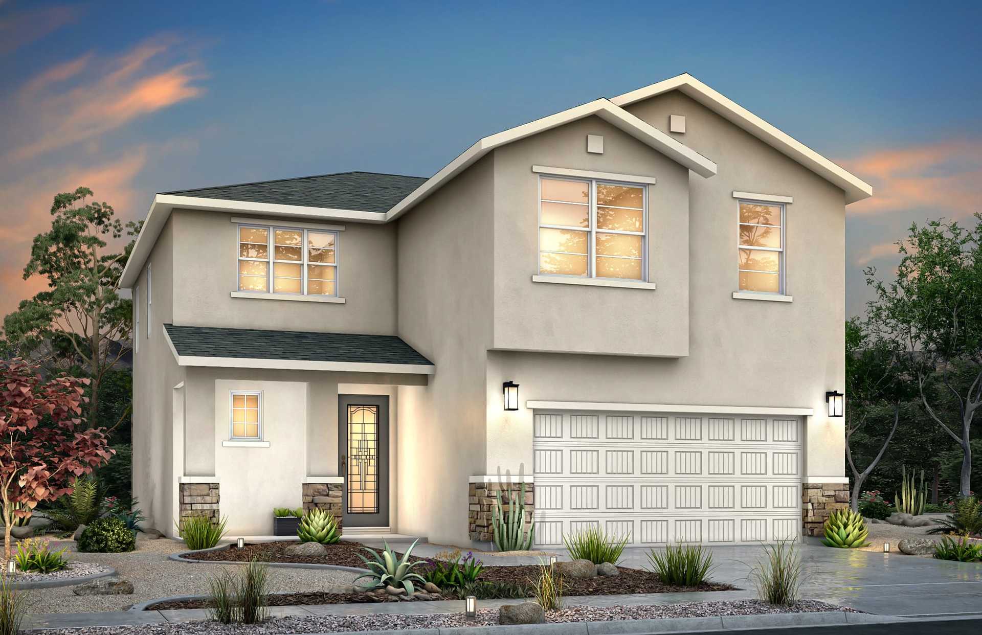 Rendering of the Winfield floorplan featuring a transitional elevation design. This two-story home offers 4 bedrooms, 2.5 bathrooms, and 2,048 square feet of living space.