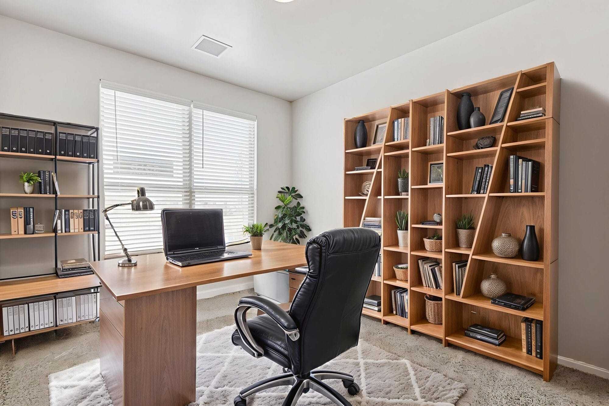 A versatile flex room staged as a home office in the Desert Willow floorplan, complete with a desk and bookshelf to demonstrate workspace potential.