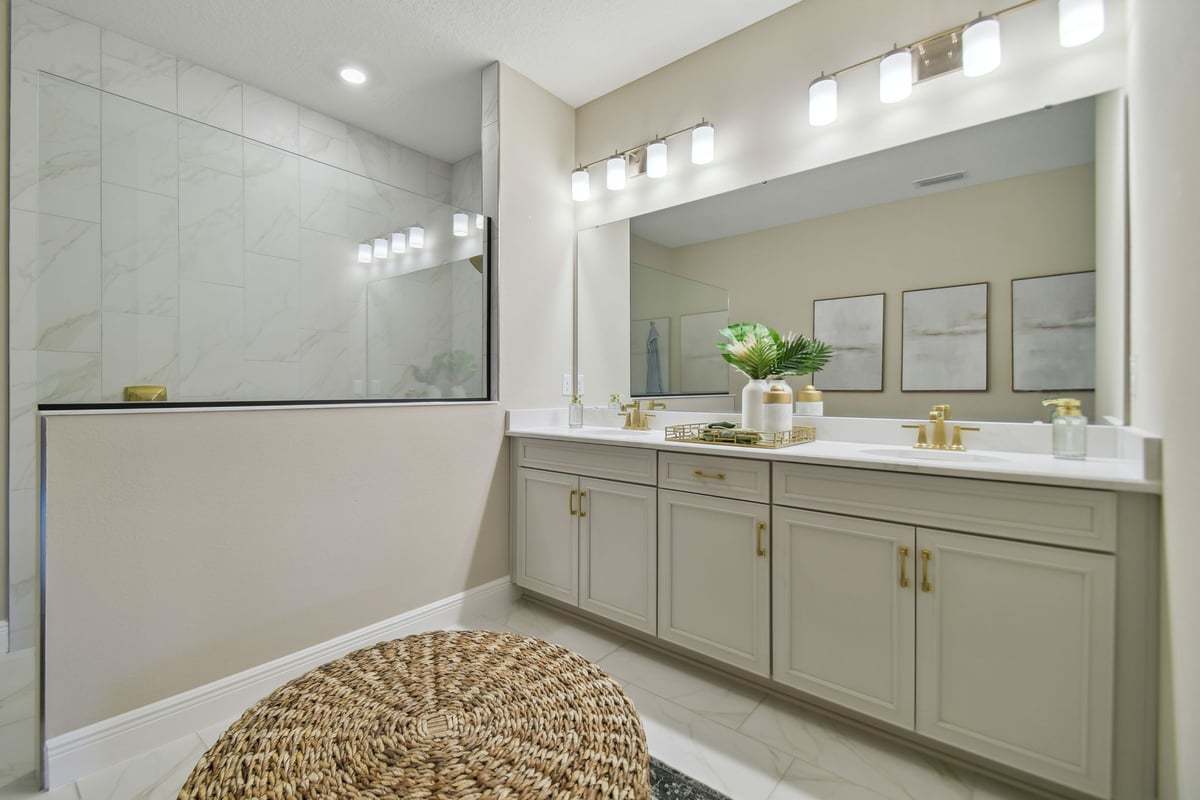 master bathroom double vanity and walk in shower