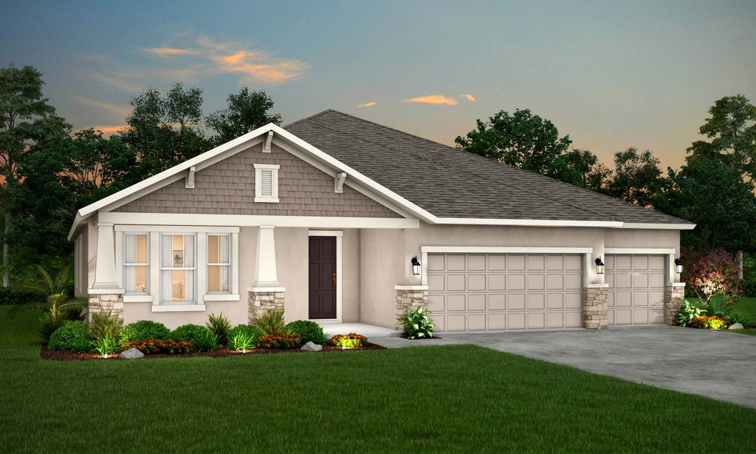 Sapphire new home exterior elevation craftsman with stone at dusk William Ryan Homes Tampa