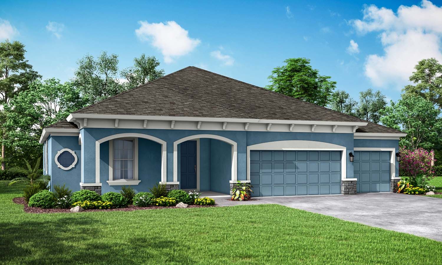 Sapphire new home exterior elevation Mediterranean with optional stone William Ryan Homes Tampa