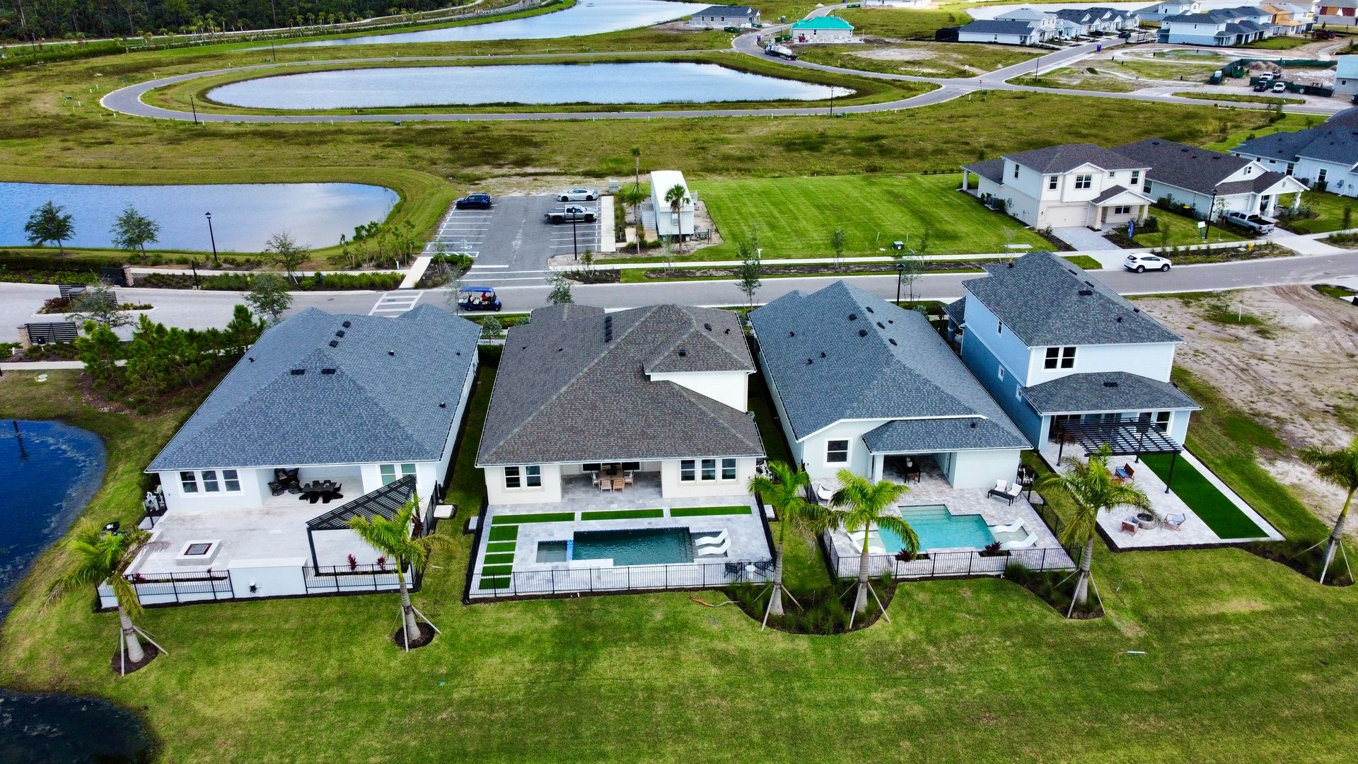 Aerial view of waterfront homes at The Sanctuary at Babcock Ranch. 