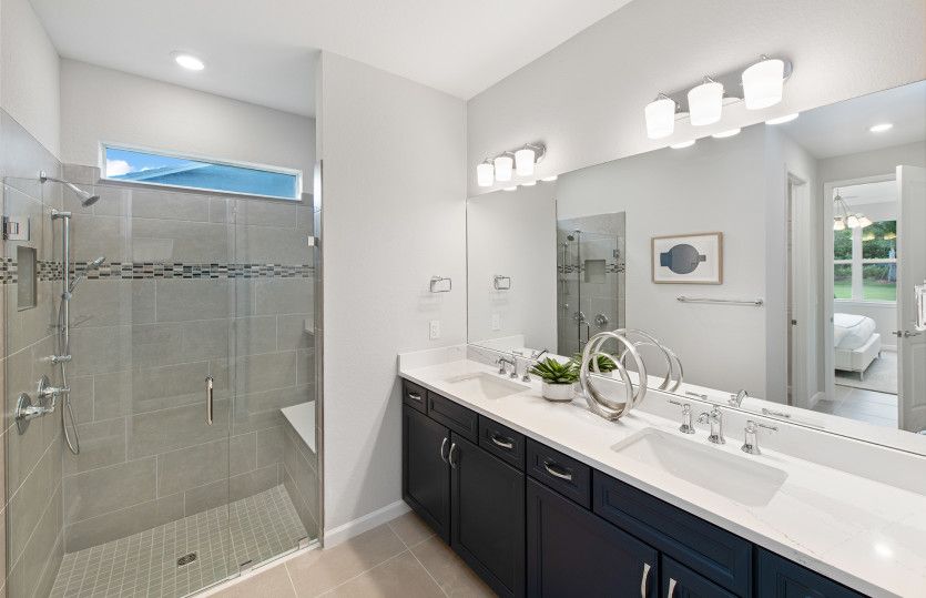 Owner's Bathroom with Dual Vanities and Walk-In Shower