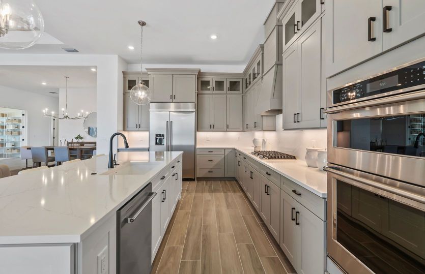 Designer finishes, stainless steel appliances in stylish kitchen