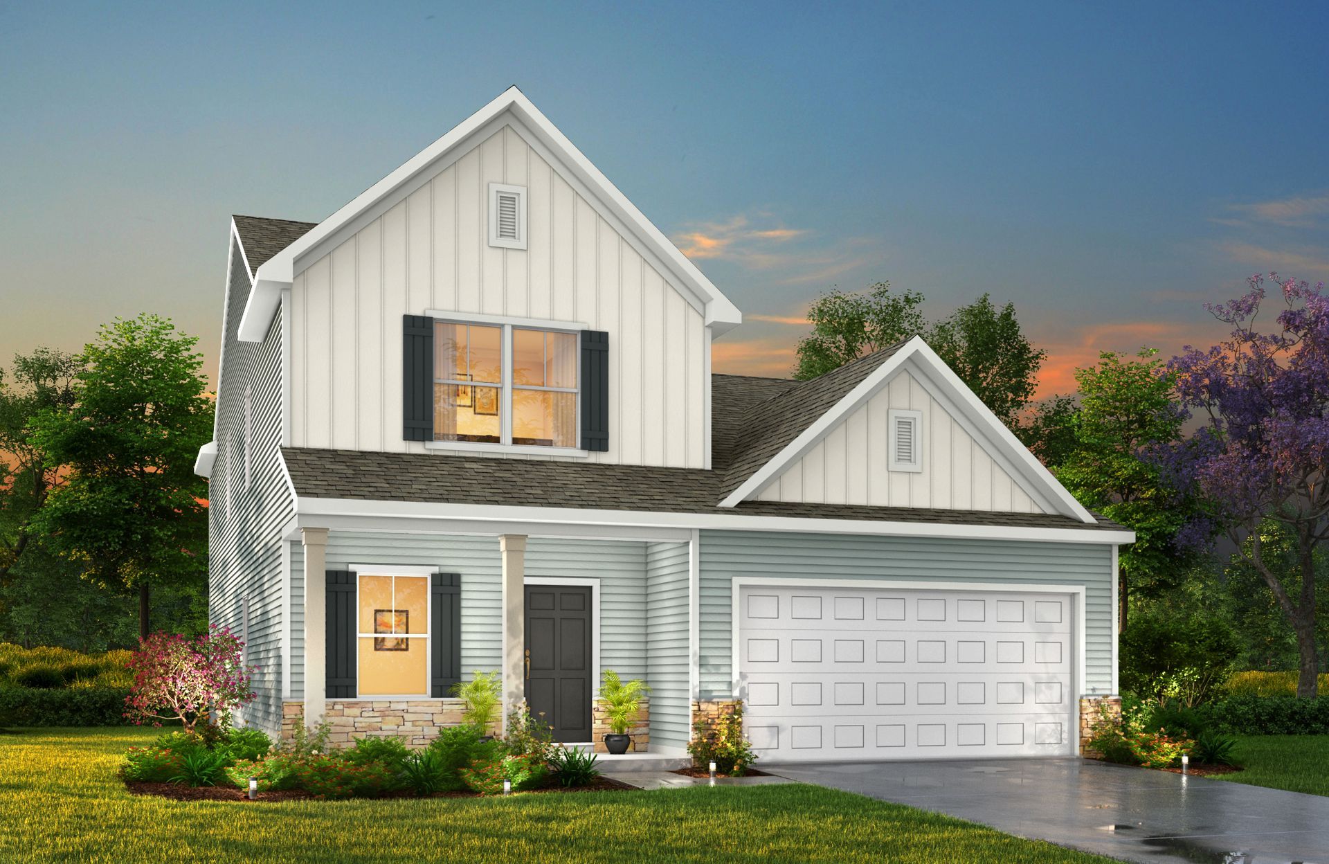 An artist 's impression of a house with a garage and a white siding.