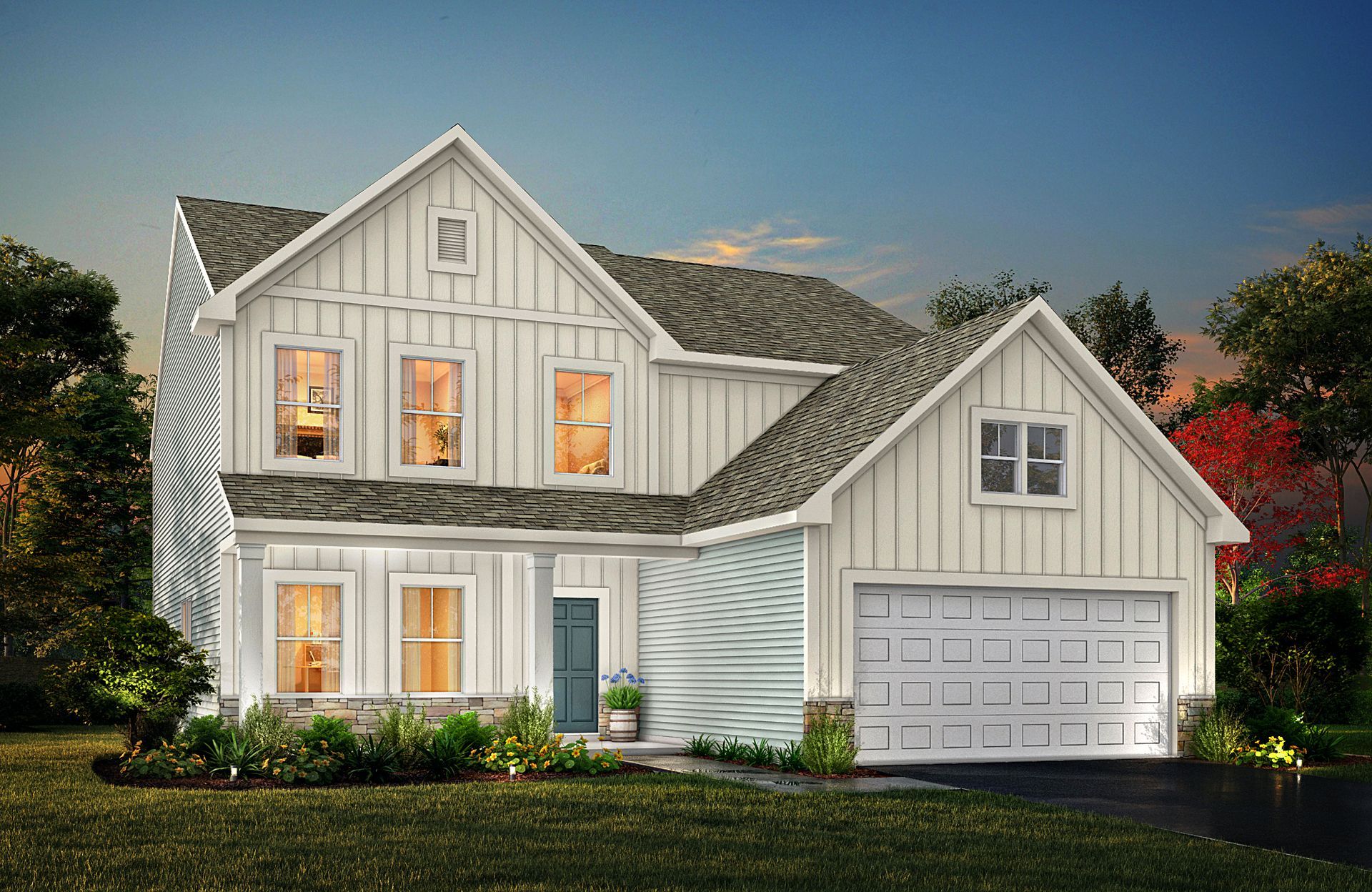 A white house with a garage and a blue door is sitting on top of a lush green field.
