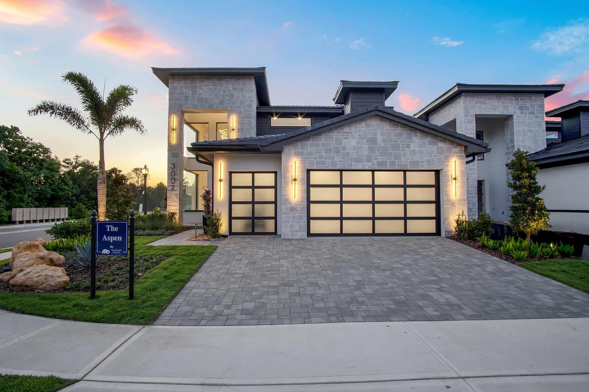 Front View at Dusk:The Aspen Model Home