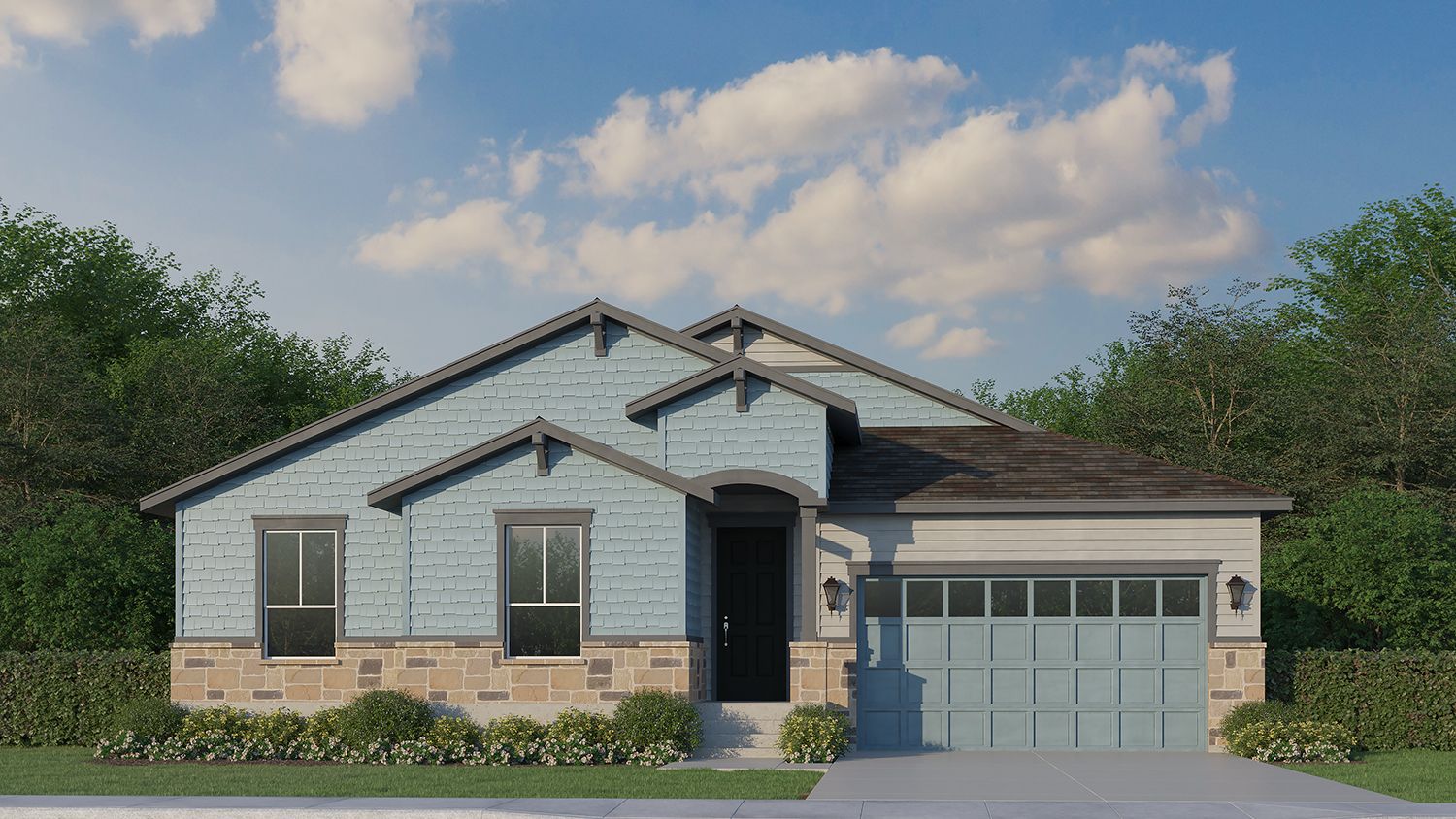 Exterior:Plan C502 Elevation A with Manufactured Stone