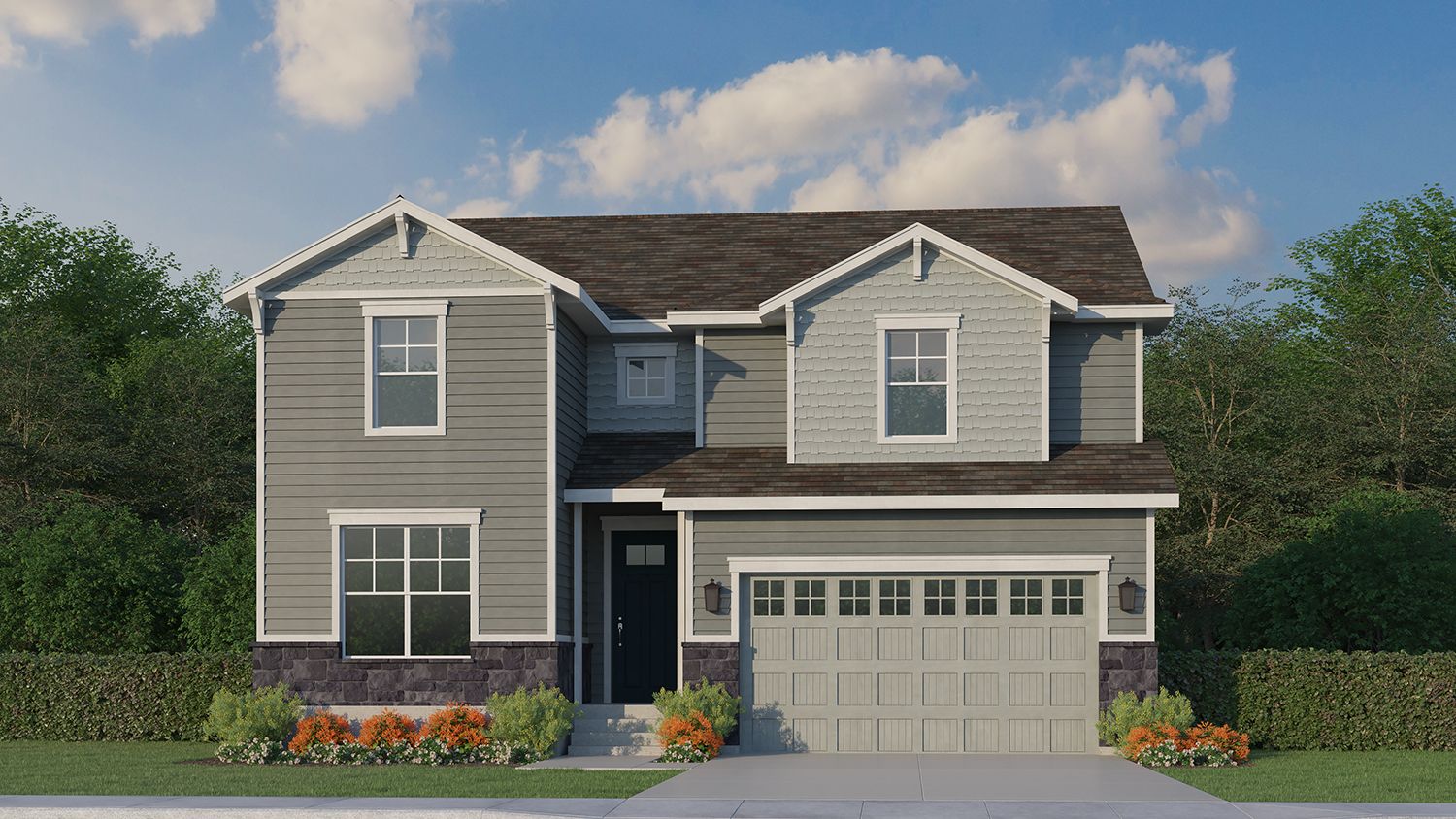 Exterior:Plan C427 Elevation A with Manufactured Stone