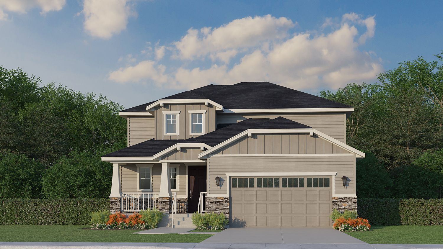 Exterior:Plan V432 Elevation B with Stone Rendering