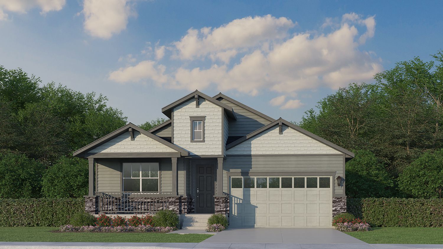 Exterior:Plan V430 Elevation A with Stone Rendering