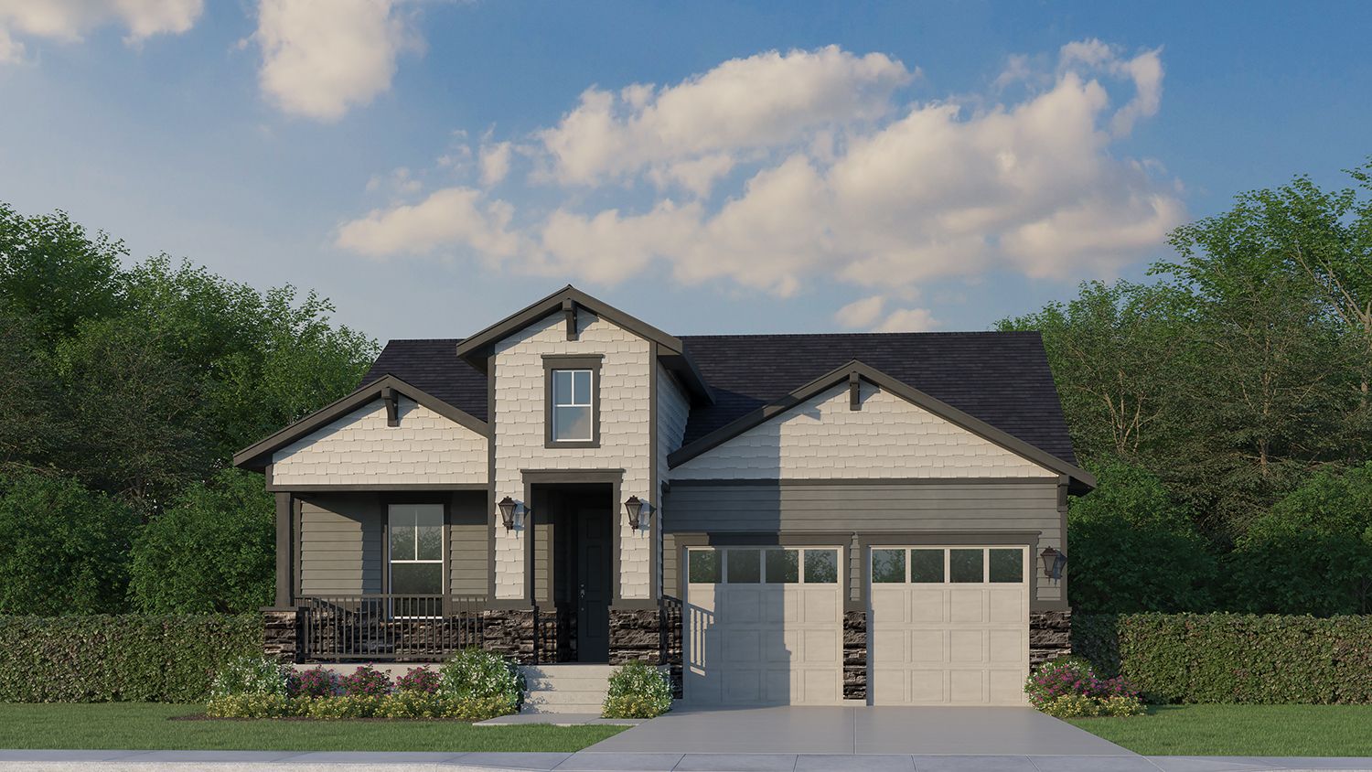 Exterior:Plan V431 Elevation A with Stone Rendering