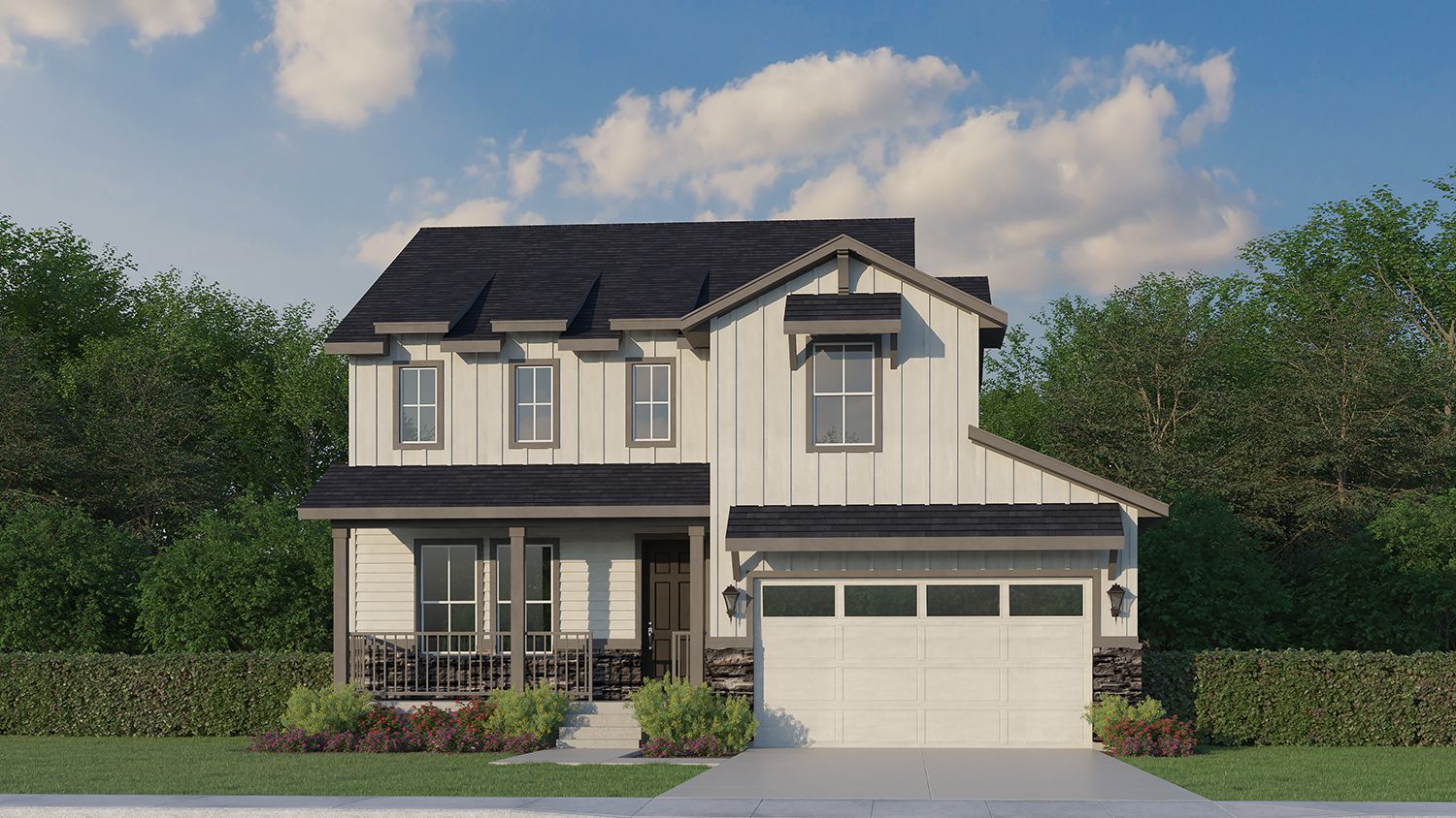 Exterior:Plan V435 Elevation C with Stone Rendering