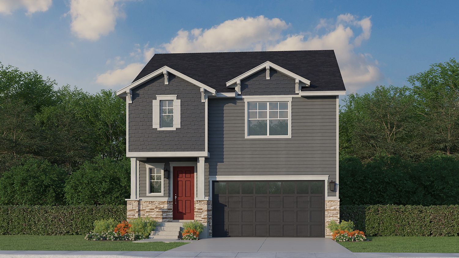 Exterior:Plan C303 Elevation A with Manufactured Stone