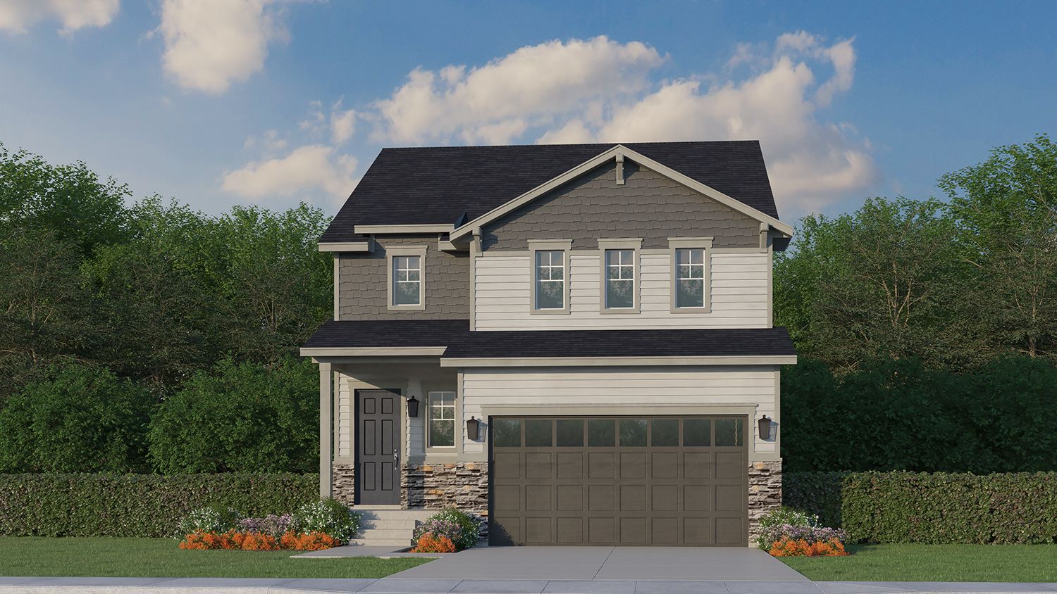 Exterior:Plan C305 Elevation A with Manufactured Stone