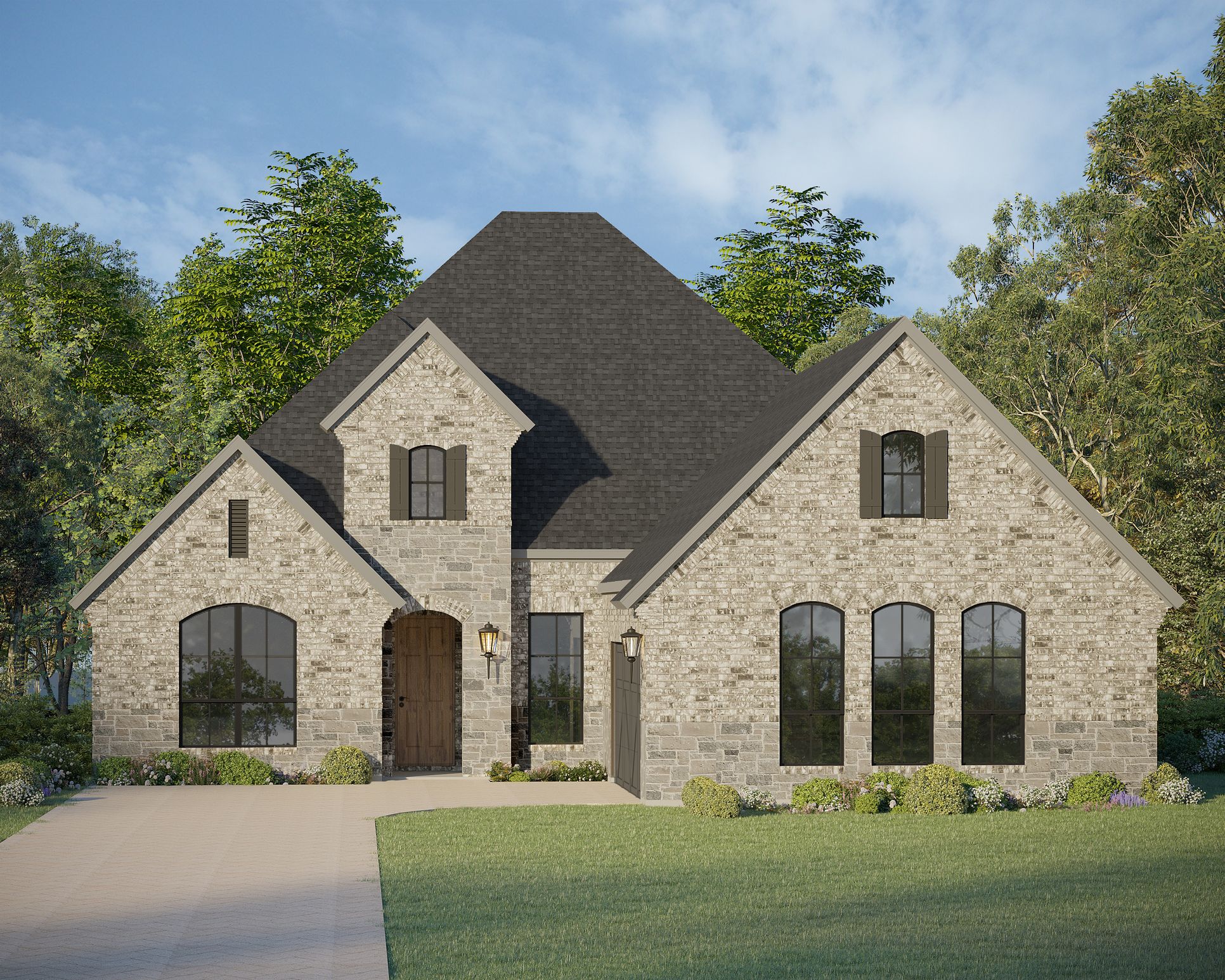 Exterior:Plan 1642 Elevation A with Stone Rendering