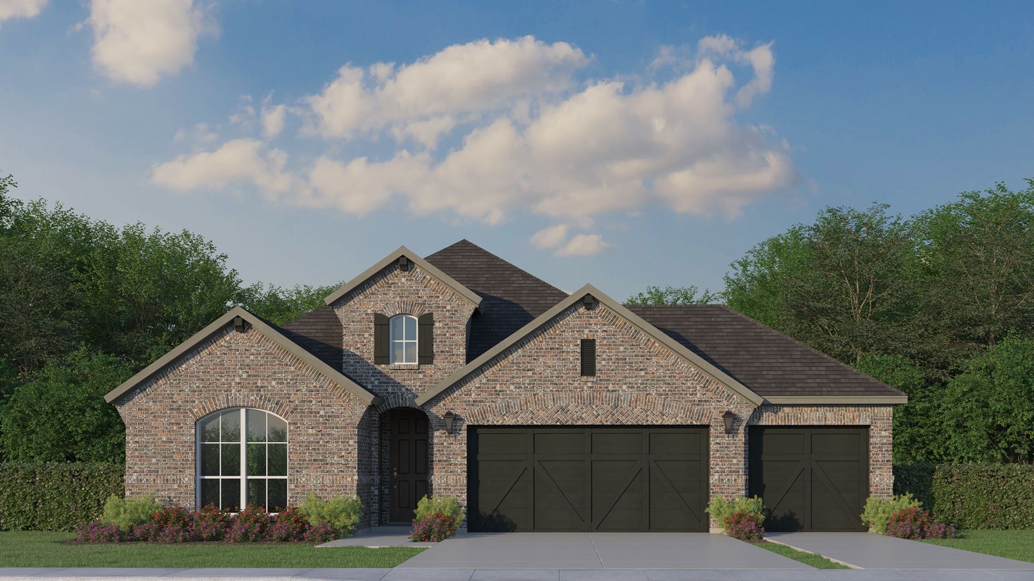 Exterior:Plan 1523 Elevation A 3 Car Garage