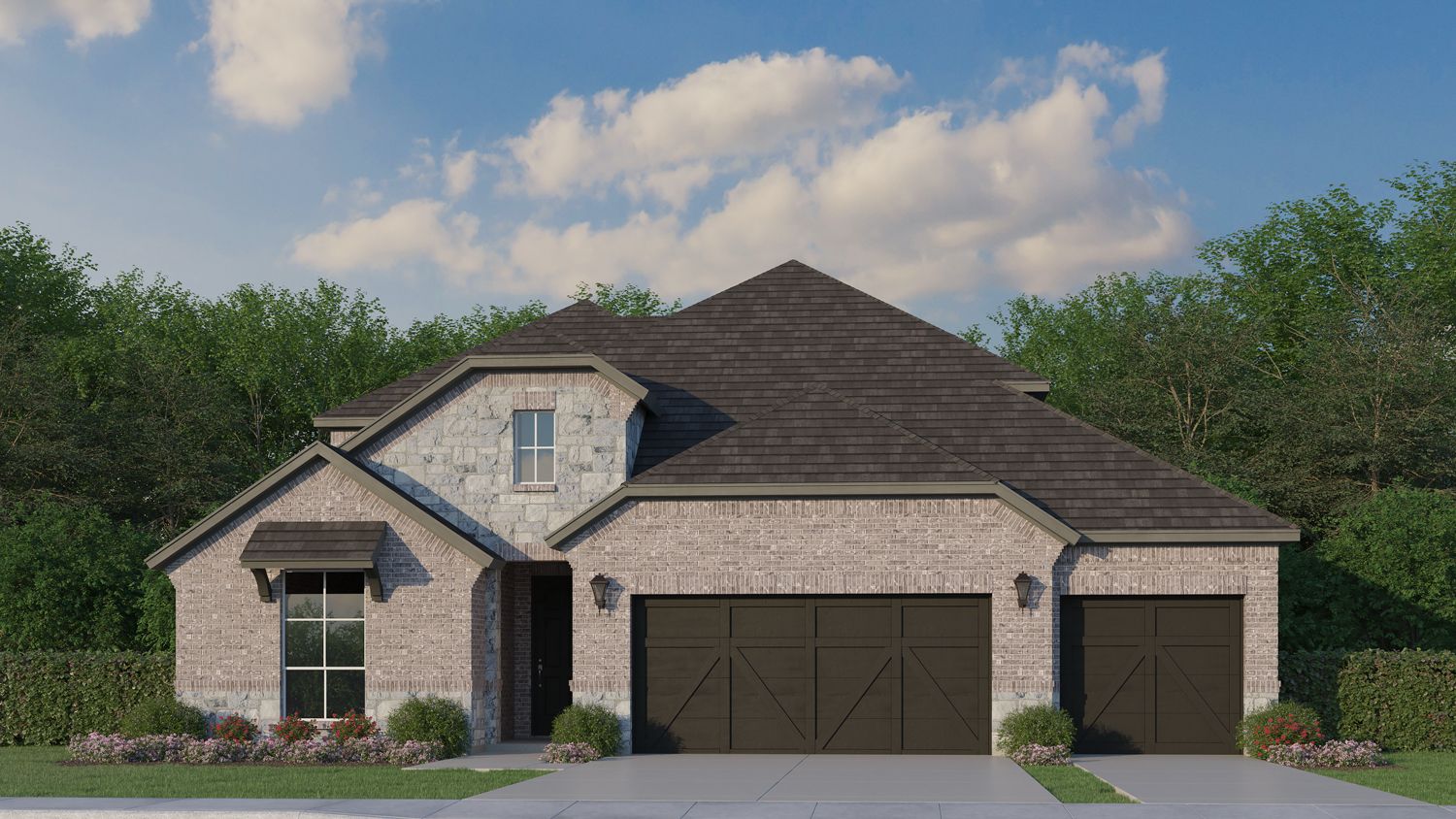 Exterior:Plan 1531 Elevation B with Stone & 3rd Car Garage