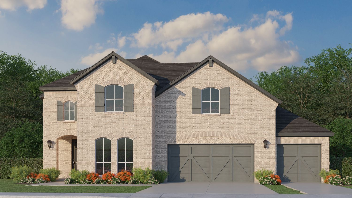 Exterior:Plan 1687 Elevation A with 3 Car Garage