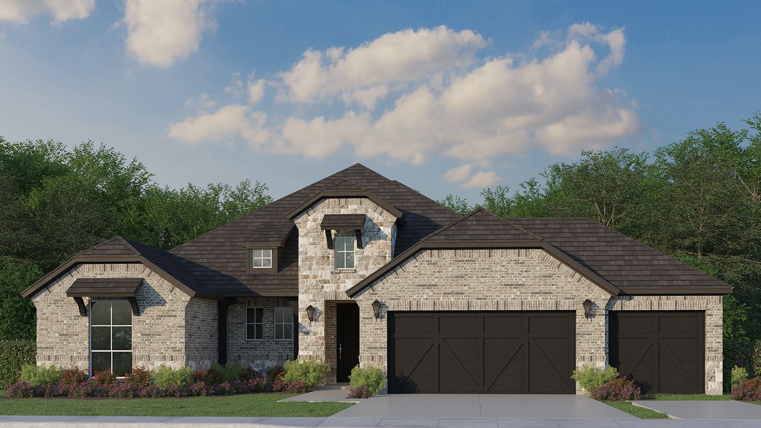 Exterior:Plan 1690 Elevation B with Stone & 3 Car Garage