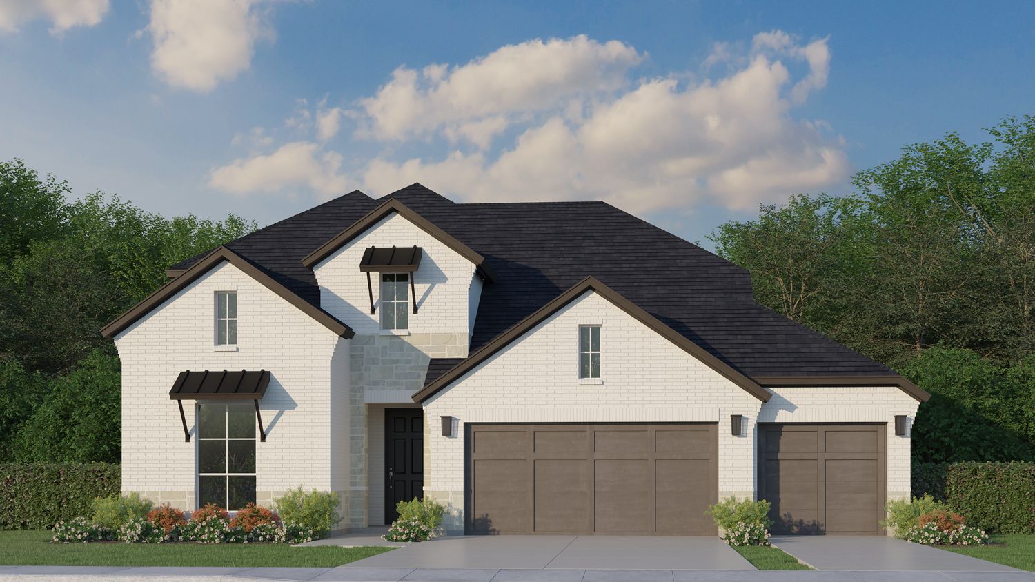 Exterior:Plan 1525 Elevation Elevation D with Stone & 3rd Car Garage