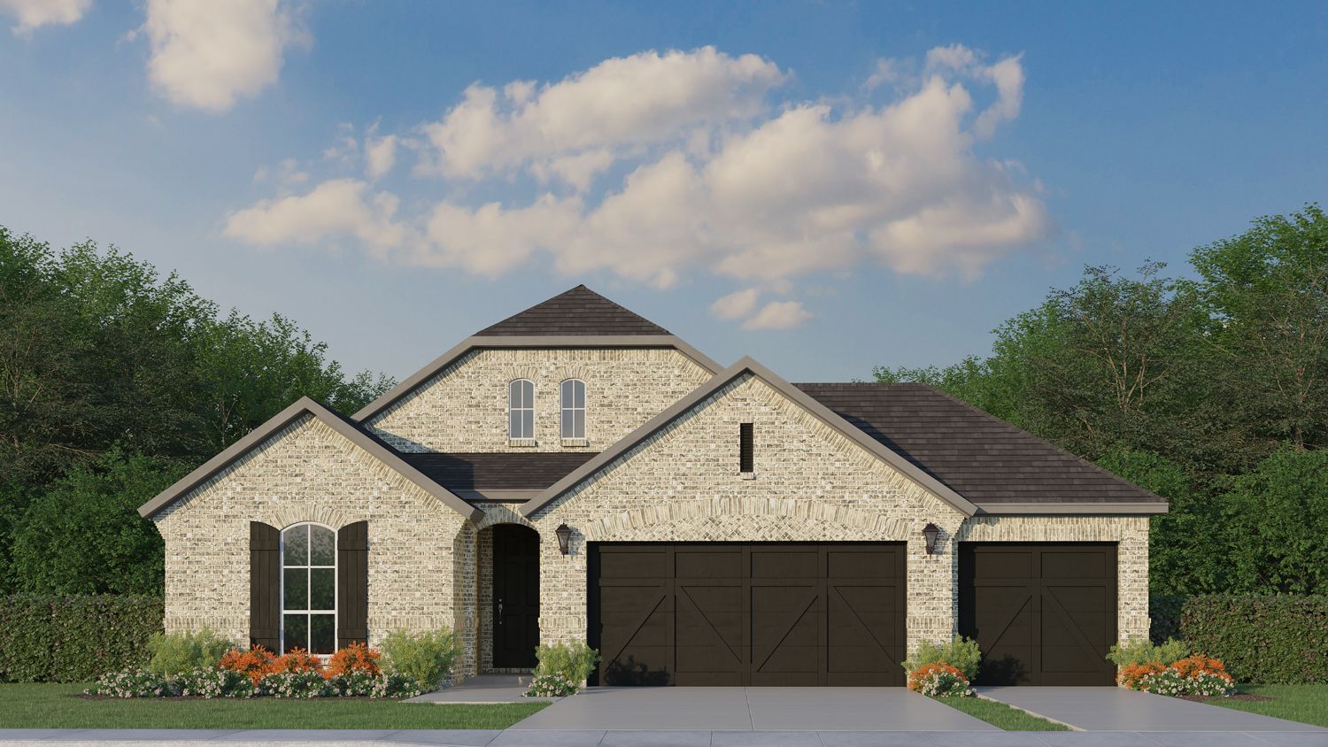 Exterior:Plan 1532 Elevation A with 3rd Car Garage