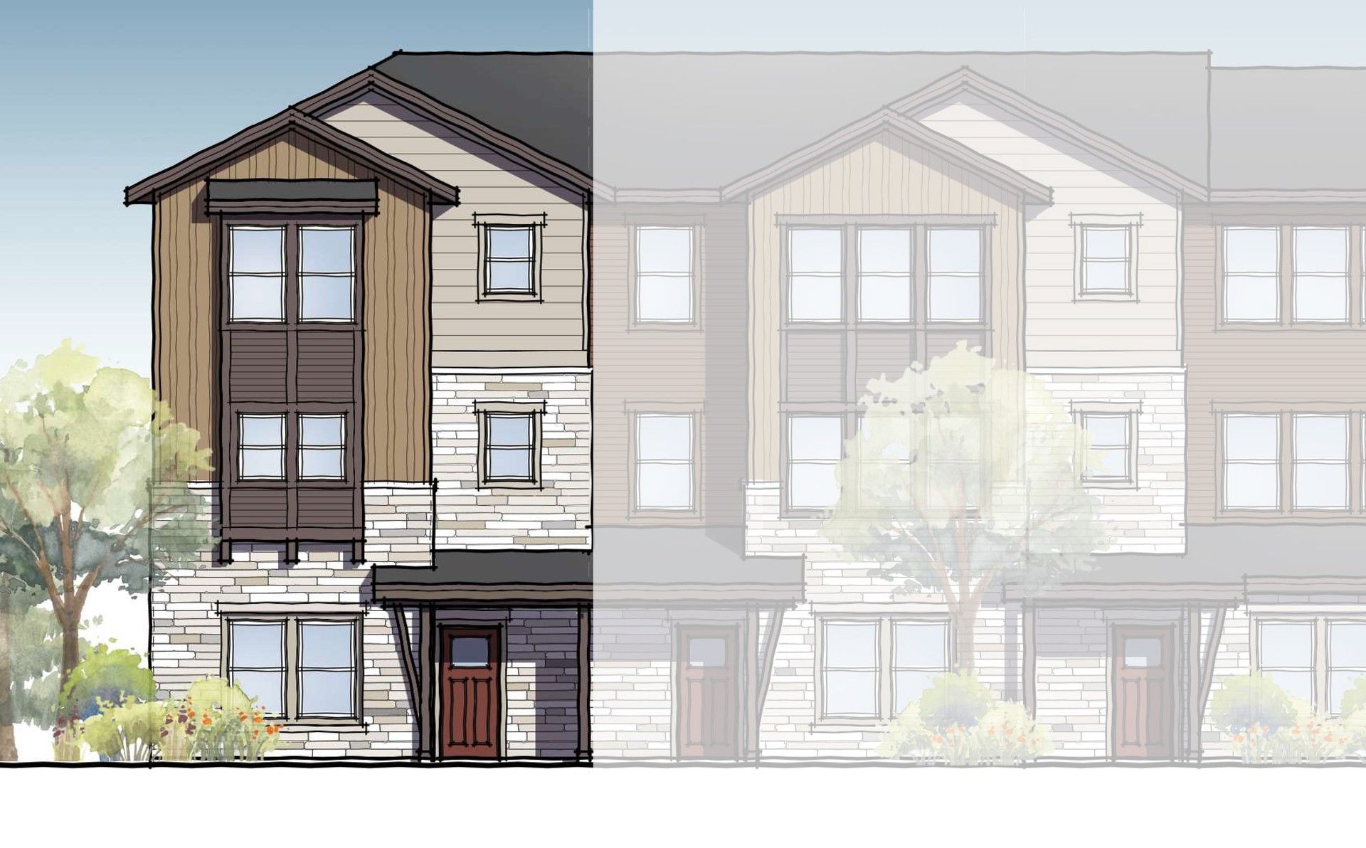 Lincoln at Windler Townhomes Exterior Design:Discover Windler's townhomes with stone accents, wood panels, lush landscaping.