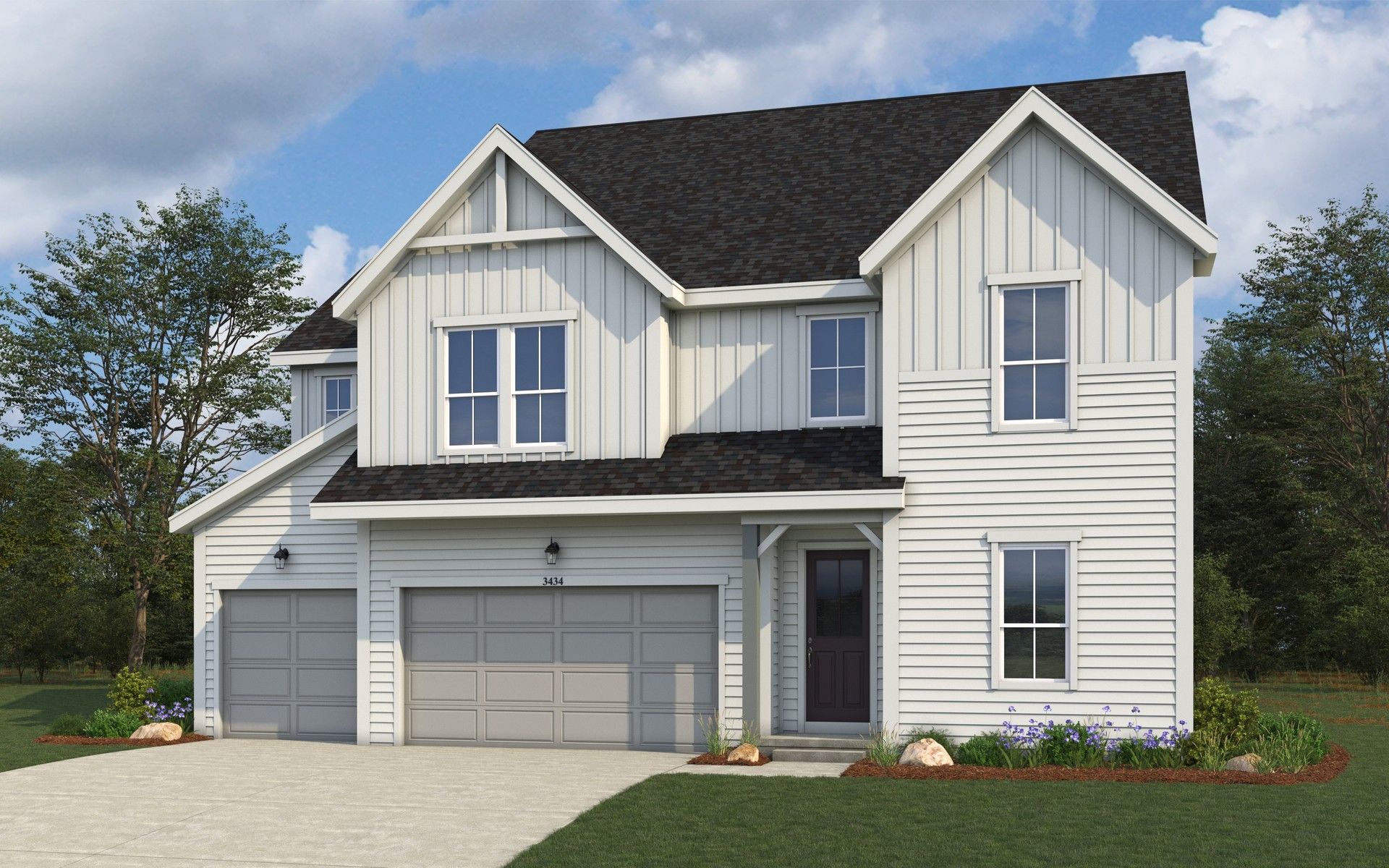 Modern White House with Gabled Roof in Montaine:Elegant two-story home in Montaine featuring a stylish gabled roof and spacious two-car garage.