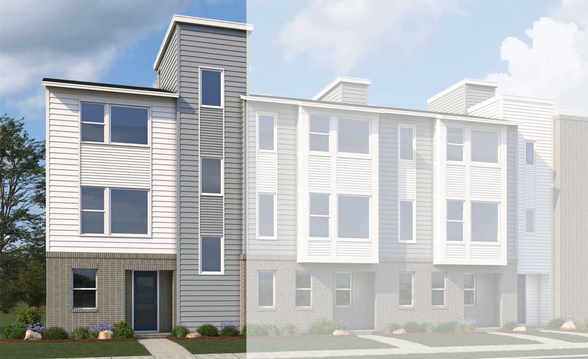 Contemporary Townhouses in Dillon Pointe with Brick and Siding:Sleek townhomes feature expansive windows and modern brickwork in the esteemed Dillon Pointe community.