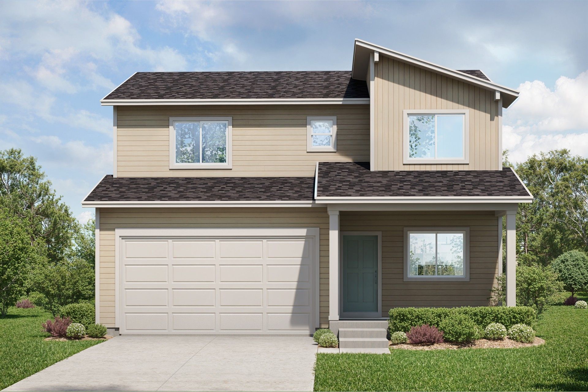 Modern Two-Story House in Granary with Garage and Dark Roof:Experience refined elegance with sleek lines and impeccable landscaping in the tranquil Granary location.