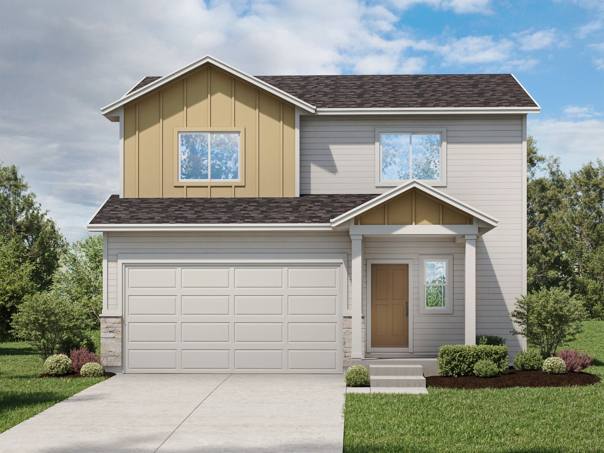 Two-Story Modern Home at Granary with Stone Accents and Garage:Elegant Granary residence with stone details, gray siding, and manicured landscaping.