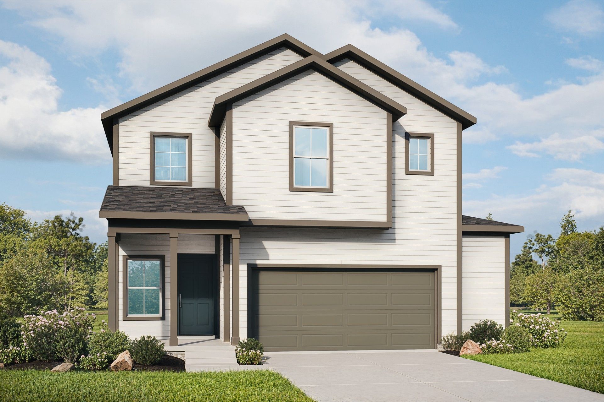 Modern Two-Story Home with White Siding in Lush Suburban Area:Exquisite modern design with pristine white siding and dark trim accents in lush suburban location.